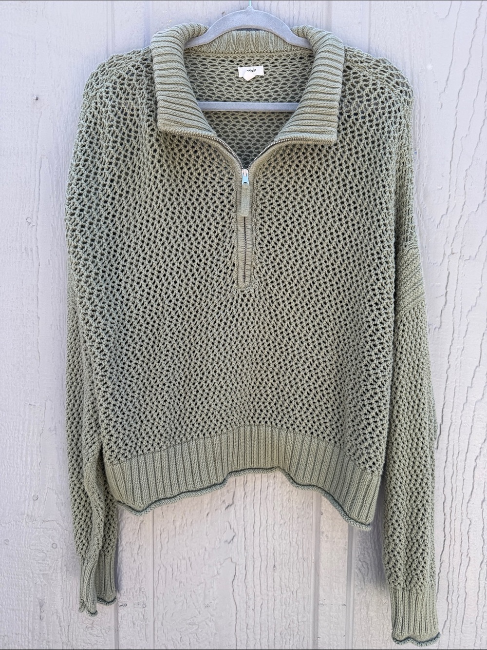 Aerie Olive Green Half-Zip Open Knit Sweater Size: L